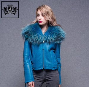 2017 Belle Gigger Raton Laveur Col De Fourrure <span class=keywords><strong>Veste</strong></span> Manteau En Peau de Mouton Femmes Véritable Cuir de Mouton <span class=keywords><strong>Veste</strong></span> Pour Dame - Product Image 3