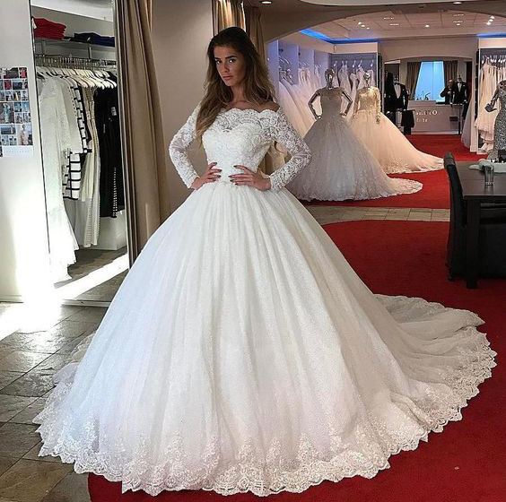 Boat Neck Lace Princess Bridal Gown - Long Sleeve Wedding Dress Boat Neck Lace Princess Bridal Gown - Long Sleeve Wedding Dress