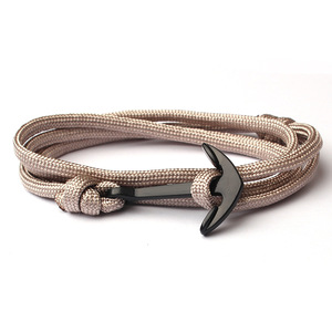Elegante pulsera de cuerda de nailon trenzado con ancla de Metal negro estilo marino