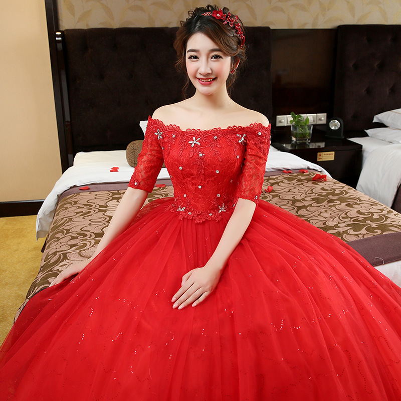 Duyên Dáng A-Line Nửa Tay Áo Vải Tuyn Ren Appliques Vintage Trắng Red Wedding Dress