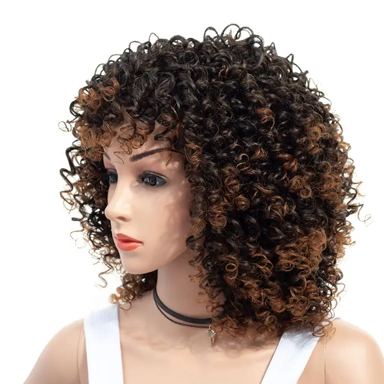 Mixed Kinky Curly Synthetic Wigs For Black Women Short Brown Fluffy Heat Resistant Hair Wig