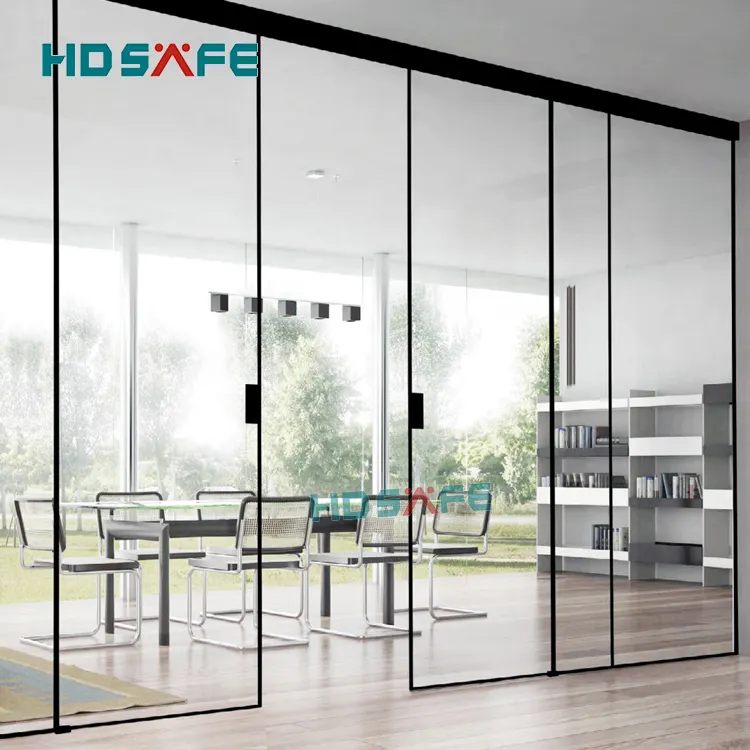 HDSAFE-puerta deslizante de vidrio templado silencioso para sala de estar, puerta telescópica de vidrio fino de aluminio para Hotel
