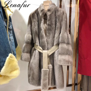Cina All'ingrosso Della Fabbrica Delle Donne di Inverno Grigio Naturale Lunga di Lusso di Alta Qualità Importato Pieno Reale Giacca di Pelliccia di Visone Cappotto <span class=keywords><strong>con</strong></span> la Cinghia - Product Image 3
