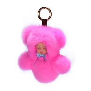 น่ารัก Sleeping Baby พวงกุญแจตุ๊กตา Rex กระต่าย Fur Fluffy Pom Pom กระเป๋าเด็ก Charm Keyrings