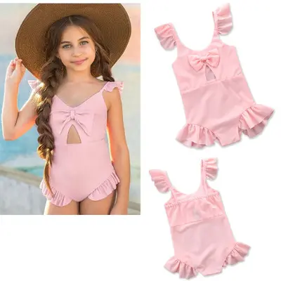 2019 थोक फैशन प्यारा लोकप्रिय समुद्र तट गुलाबी कफ कफ झालरदार धनुष लड़कियों एक टुकड़ा बच्चों में swimwear अच्छी गुणवत्ता