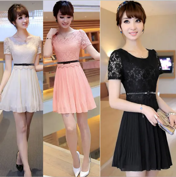 Latest korean lady short sleeve dress woman large size summer tight lace fashion chiffon dresses