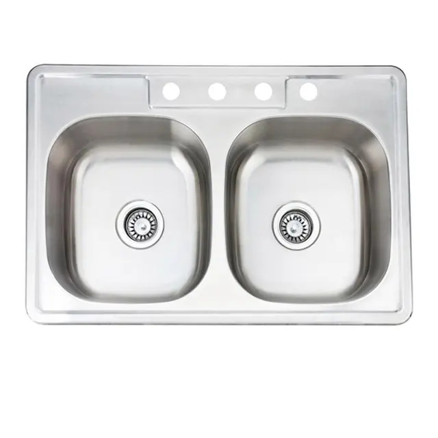 Above counter installation type double bowl style with faucet holes 304 stainless steel kitchen sink