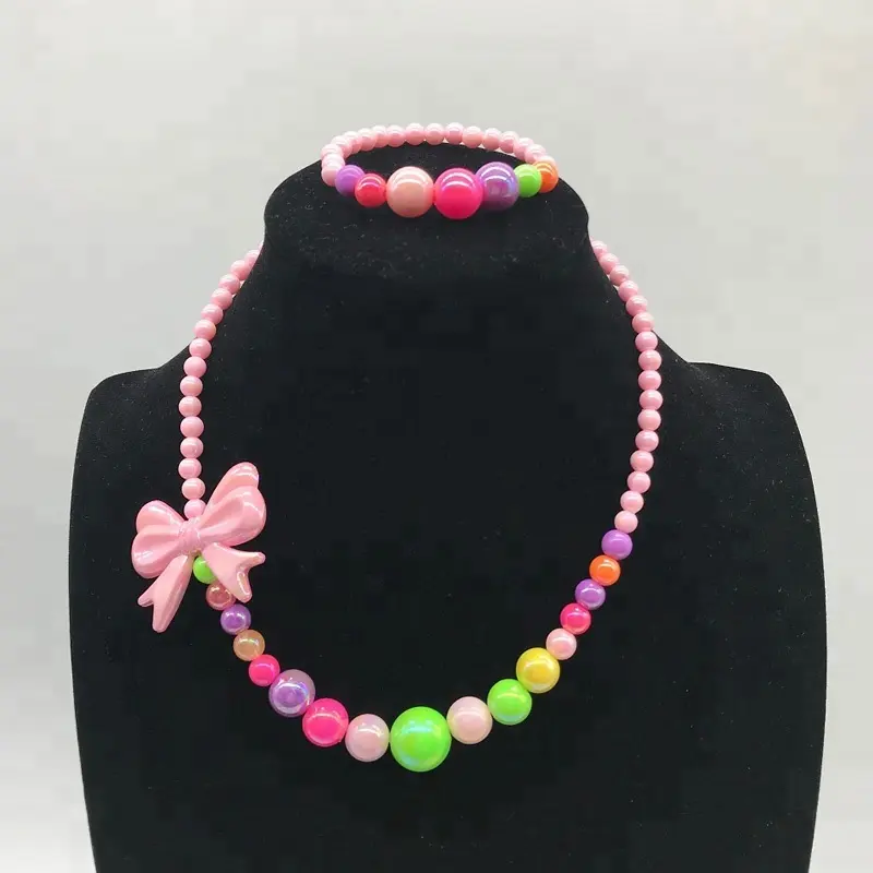 bow colorful beads bracelet necklace girls kids jewelry set