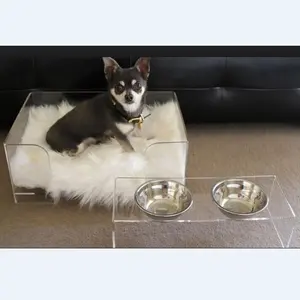 Clear acrylic dog sleeping bed and feeder/ lucite pet bed and bowl