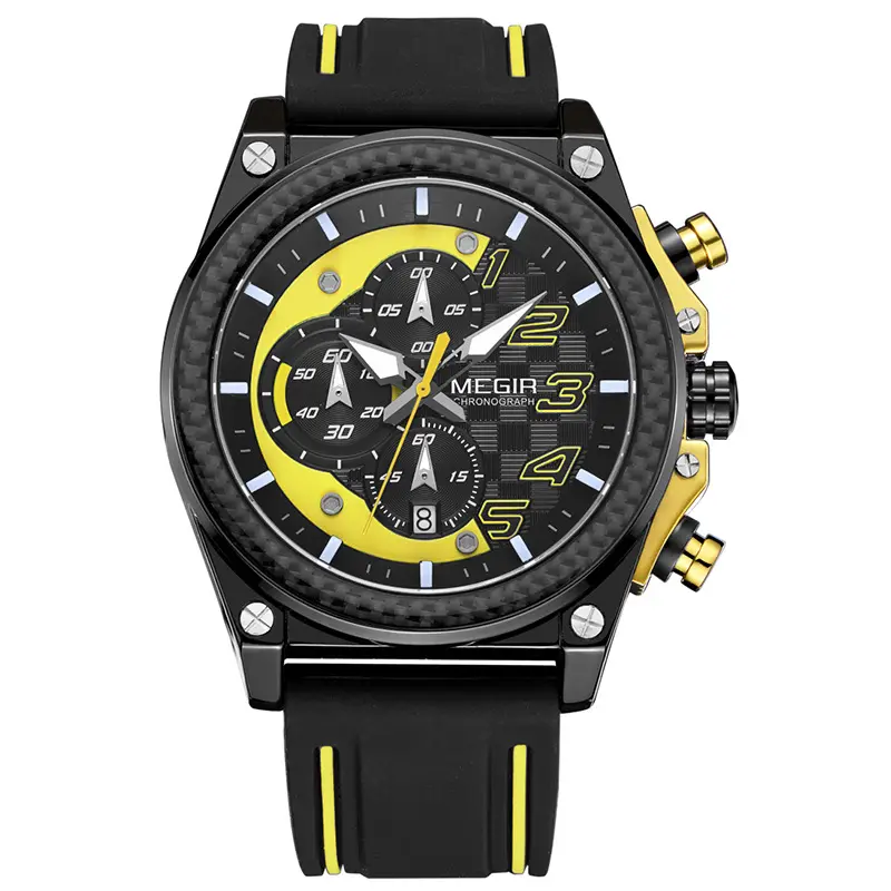 Relógio masculino multifuncional, relógio esportivo megir 2051 de marca, grande, impermeável, cronógrafo, data, silicone, militar, luxuoso, relógio de quartzo