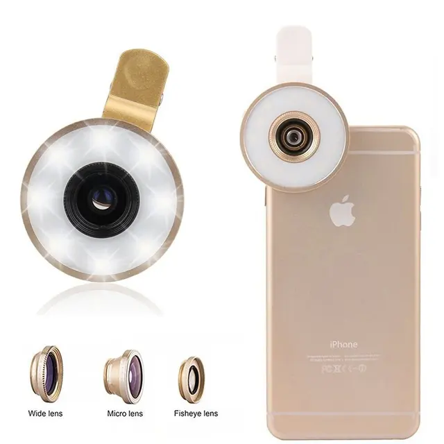 Universal 3 in1 fish eye Lens Wide Angle Macro Mobile Phone Lens photo Kit with Filling light for iPhone