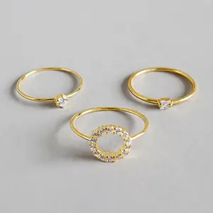 Gold Plated 925 sterling silber dünne licht drei stück ring set 925 silber sterling