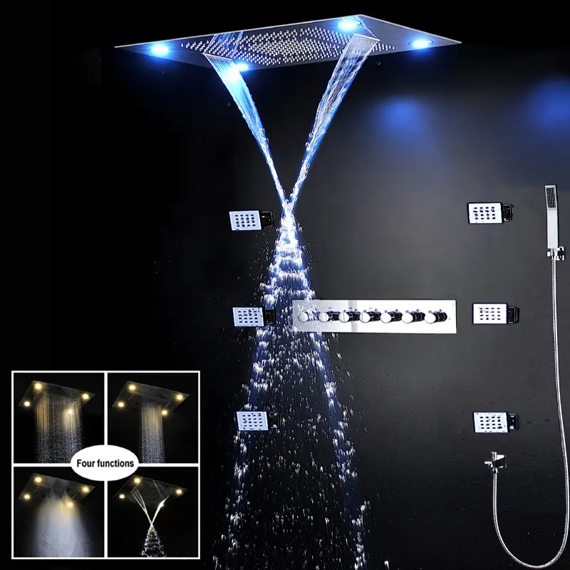 高級バスルーム降雨シャワーヘッド天井滝SPAミストLEDシャワーパネル6ウェイサーモスタットシャワーダイバーター蛇口