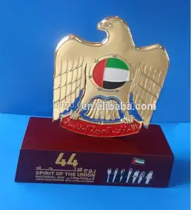 UAE national day 3d gold eagle falcon trophy with wooden stand