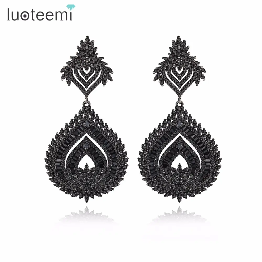 LUOTEEMI Quality Hyperbole Black Cubic Zirconia Micro Pave Drop Earrings For Women Luxury Party Jewellery Fashion Earrings