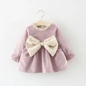 Warm big bowknot classic long sleeves girl baby dress from turkey
