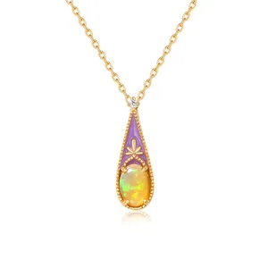 Victorian fine 925 Sterling silver jewelry enamel gold teardrop opal pendant necklace