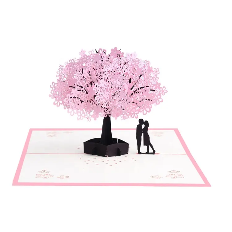 Pink Romantic Cherry Blossom Custom Carving Craft Card 3D Laser Cut Paper Greeting Wedding Card