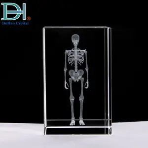 Factory Wholesale 3D Laser Engraving Skeleton Model Design K9 Crystal Cube Glass Block