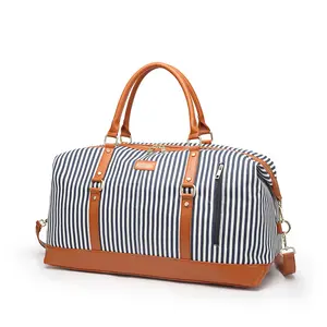 Delle signore delle Donne della Tela di canapa di Viaggio Durante La Notte Carry-on Borsone A Tracolla Tote Weekender Bag Con Cinturino In Pelle PU