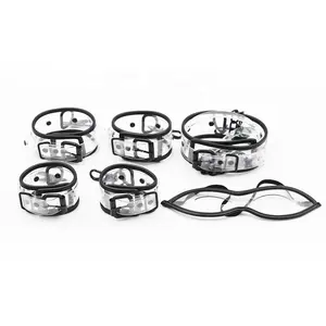 Latest Design Transparent Clear PVC BDSM Bondage Fetish Restraints Kit Set Collar Eye Mask Wrist Hand Cuff and Ankle Cuff 5pcs