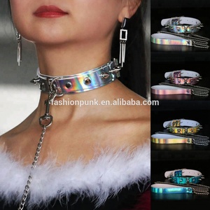 Collar de cuero PU holográfico con remaches, estilo punk, sexy, para mascotas, con cuerda de tracción, gargantilla de moda con cadena. - Product Image 4