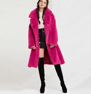 Inverno Grossista Lunga di Visone Del Coniglio del Rex Cappotto di Pelliccia di Modo Delle Donne di Rosa Robbia Pellicce Cappotto Caldo Del Faux Cappotto di Pelliccia di Volpe