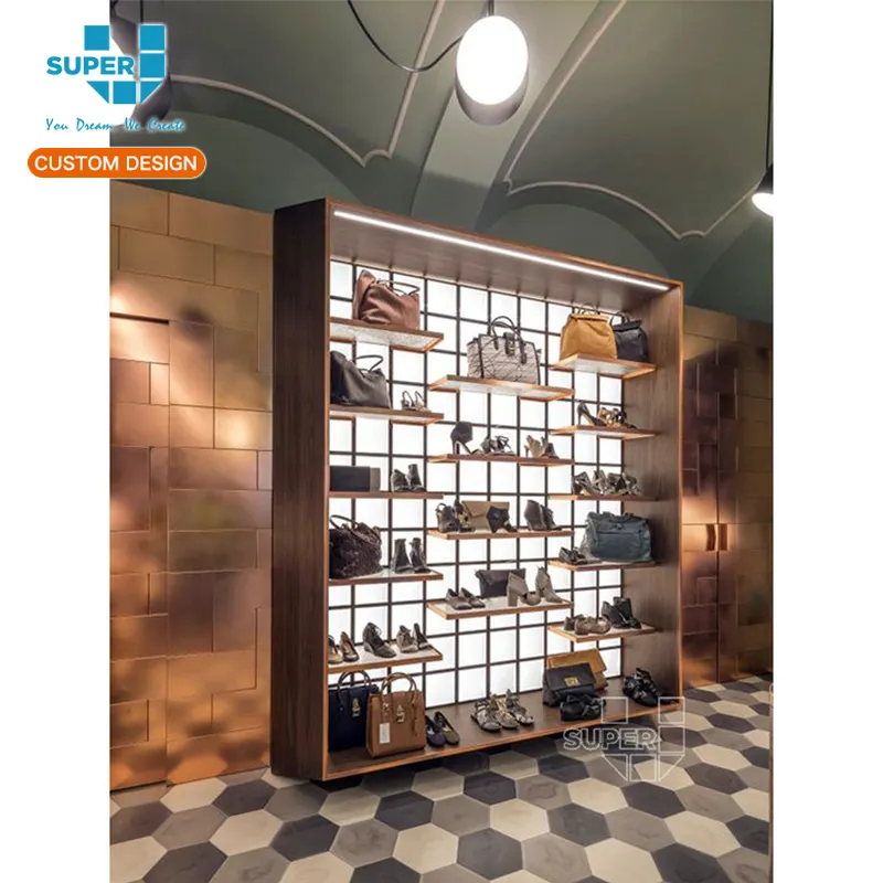 Mode Lederen Handtas En Schoenen Display Showcase Hout Luxe Muur Planken