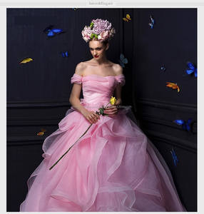 Nouveaux Modèles Appliques A-ligne Off-épaule Cap Manches Parole longueur De Mariée Organza Rose robes De Mariée WD1814 - Product Image 2