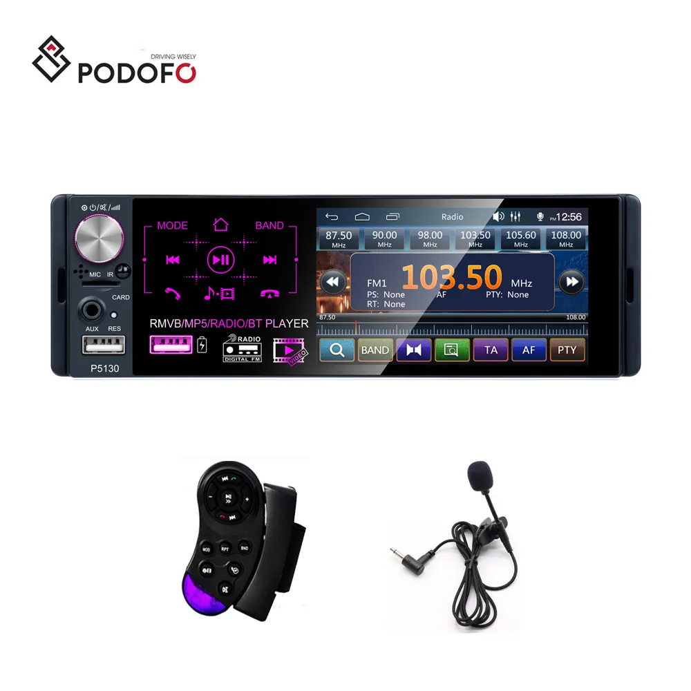 Podofo Radio Mobil 1 Din 4.1 Inci HD, Radio Mobil Layar Sentuh Kapasitif USB Ganda FM AM RDS Autoradio P5130 + Mikrofon & Kontrol Setir Mobil