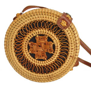 กระเป๋าโฮโบผู้หญิงทำมือวินเทจฟางสานทรงกลมทำจากหนังและผ้าลินินซับในกระเป๋าถือหวายสายเดียว - Product Image 5