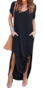 Tasca Allentati Casuali delle donne <span class=keywords><strong>Vestito</strong></span> Lungo Manica Corta Split Maxi Abiti - Product Image 4