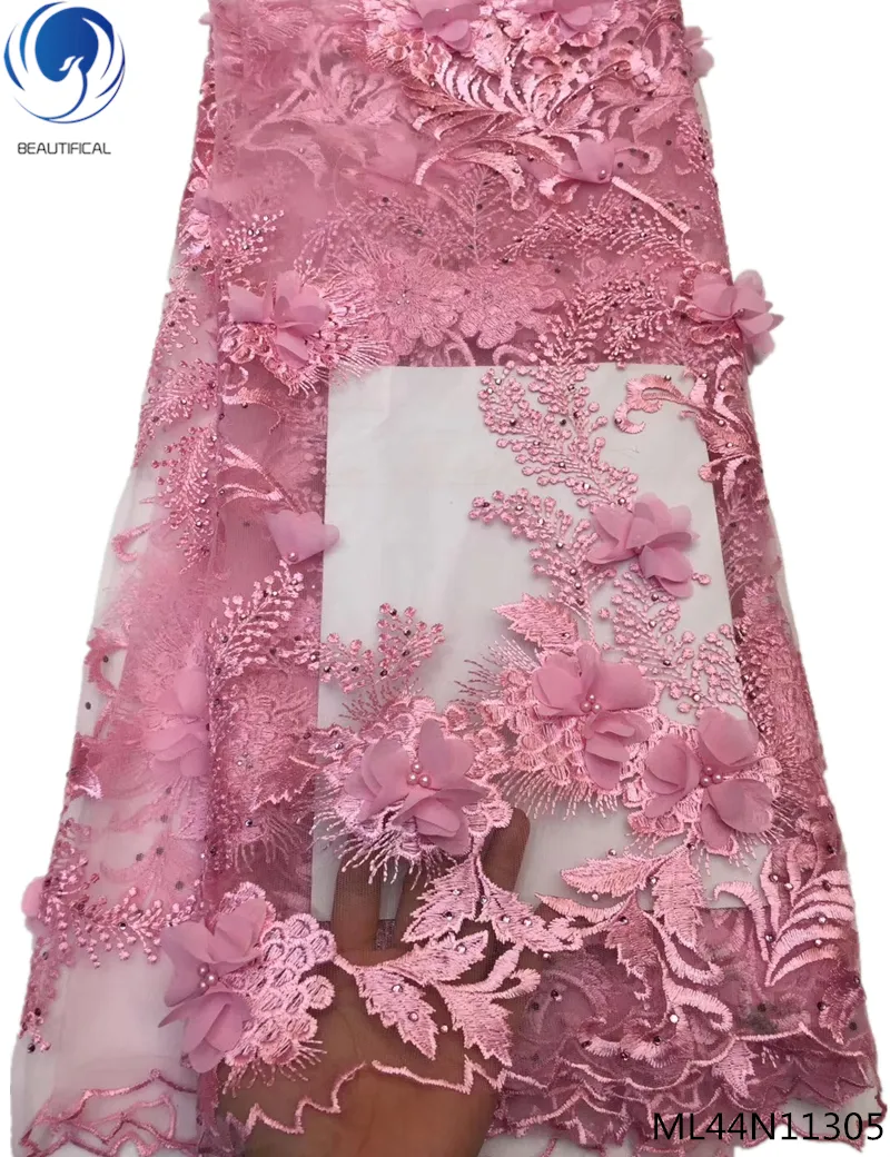 Tissu 3d en dentelle rose de mariée fleurie, dentelle perlée avec strass pour robes, vente en gros, ML44N113