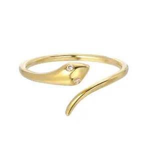 Delicate Stainless Steel Jewelry 14k Gold Plated CZ Diamond Snake Ring for Women