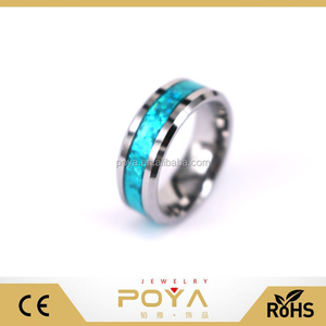 POYA Joyería 8mm Borde Biselado Pulido y Bienes <span class=keywords><strong>Azul</strong></span> Piedra de Ópalo Incrustaciones Unisex Carburo De Tungsteno Anillo de Bodas Band - Product Image 1
