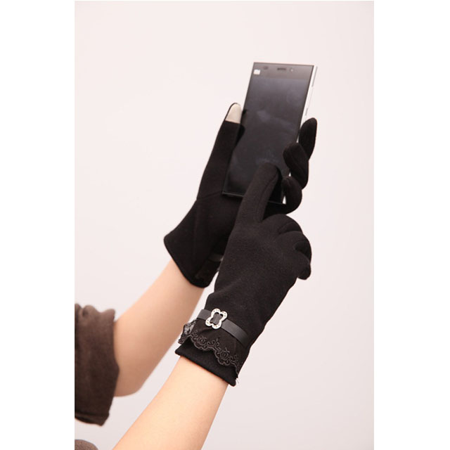 Оптовая продажа, женские зимние перчатки, модные кожаные перчатки с бантом для сенсорного экрана, черные кружевные перчатки на запястье для девочек, теплые уличные варежки для фитнеса