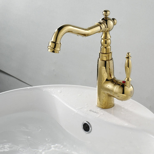 Robinet mélangeur de <span class=keywords><strong>lavabo</strong></span> antique <span class=keywords><strong>doré</strong></span> à long bec pour eau chaude et froide XR-GZ-8104K - Product Image 5