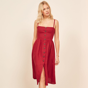 Guscio di tartaruga button up UNA linea smocked <span class=keywords><strong>lino</strong></span> <span class=keywords><strong>midi</strong></span> dress - Product Image 4