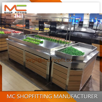 Supermarkt fruitrek, droge voedingsmiddelen displayrek, groentepresentatierek, schap, tafel