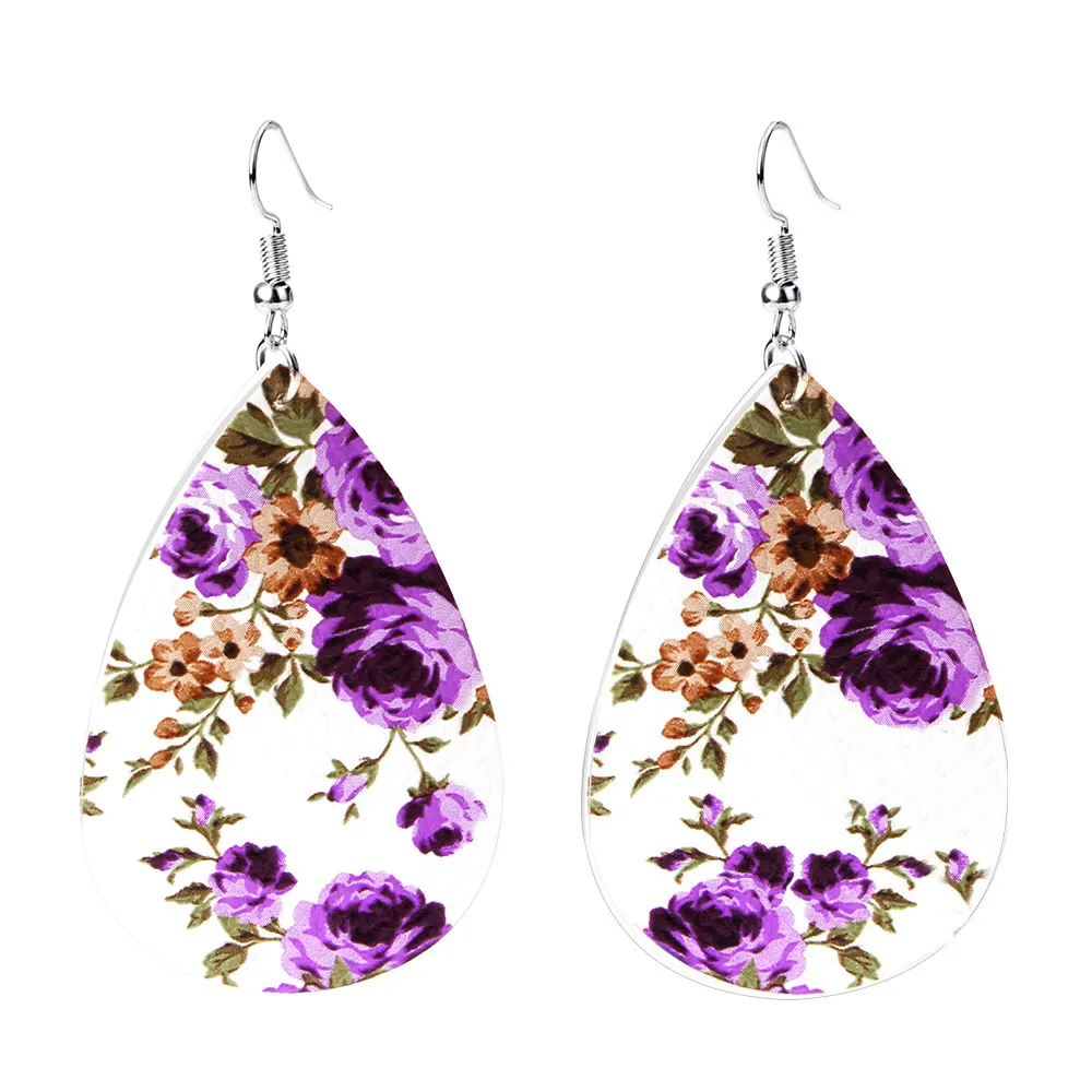 Fashion Unique Boho Colorful Genuine Floral Print Teardrop Oval Statement Leather Earring Jewelry for Women Lady Christmas Gifts