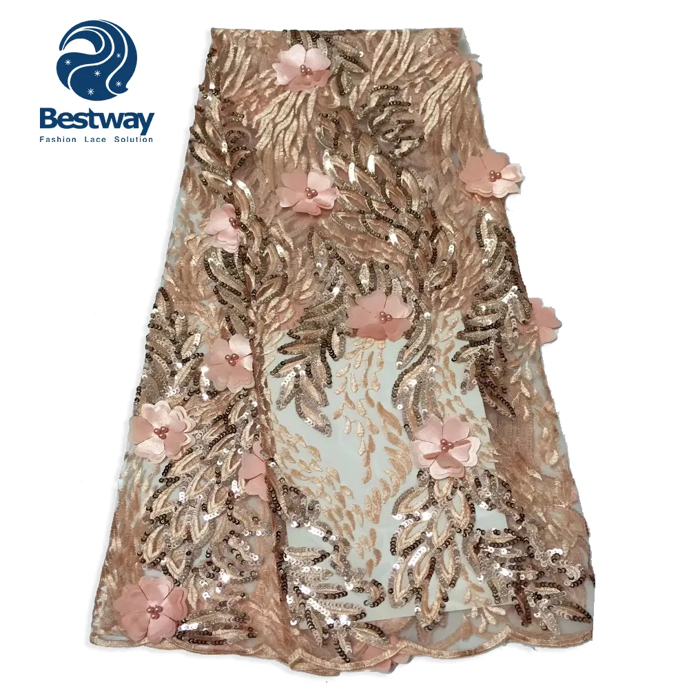 Pêssego artesanal 3d flor renda francês com lantejoulas e contas africano casamento tecido de tule para mulheres vestidos fl2519