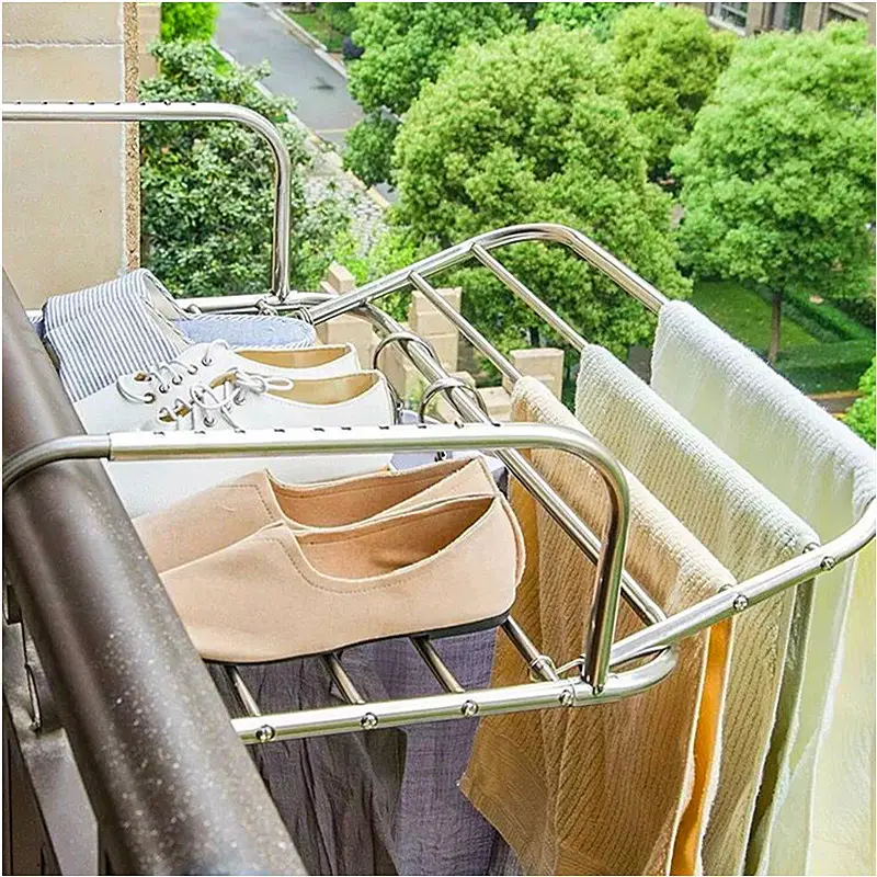 Balcony Window Stainless Steel Foldable Non Automatic Cloth Drying Rack Manual Clothes Drying Rack Withstand Weight 15kg