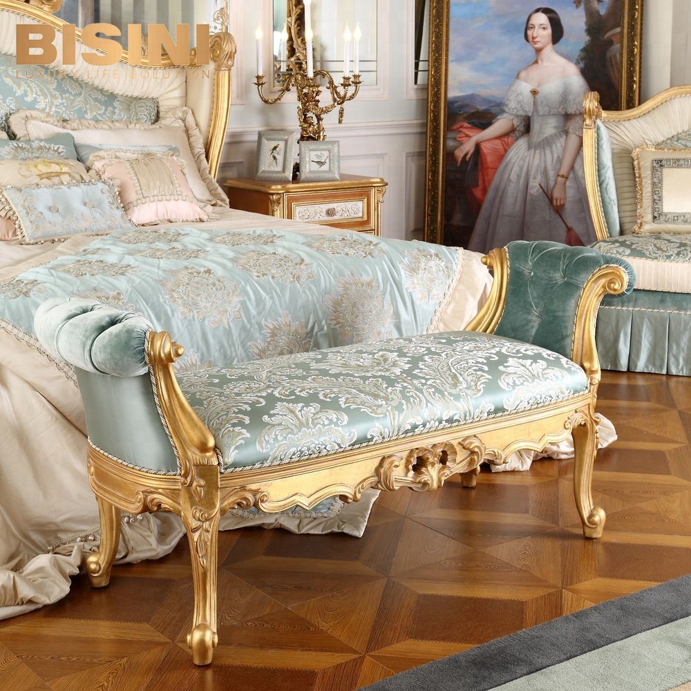 Bisini роскошный дизайн классический золотой фольги & ручной работы деревянная прикроватная скамейка из тика для спальни-BF07-10055