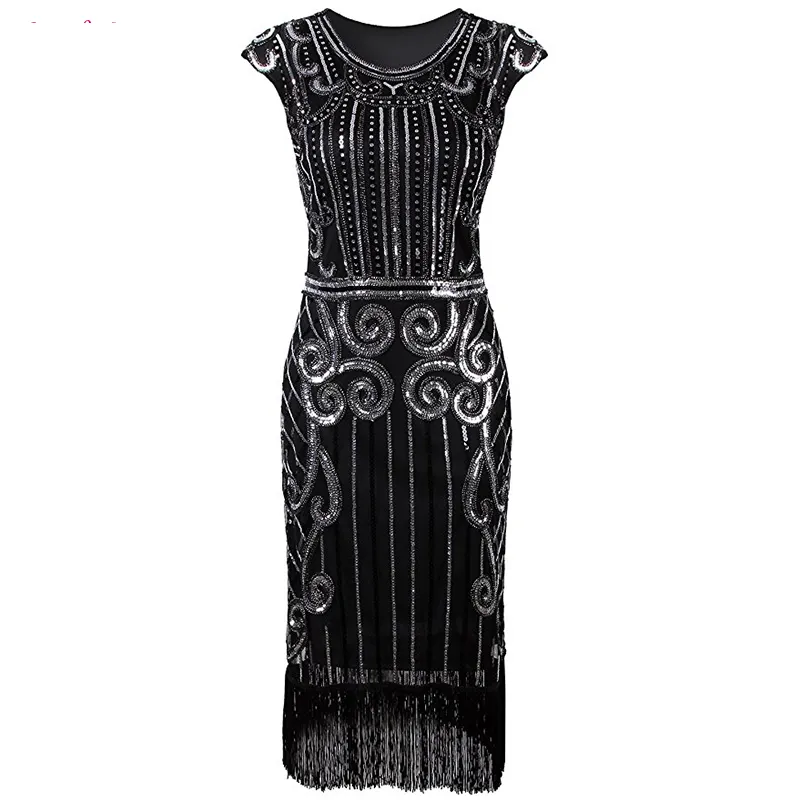 JONG-EE women's O neck 1920s elegant sequin beaded Sleeve women evening dress