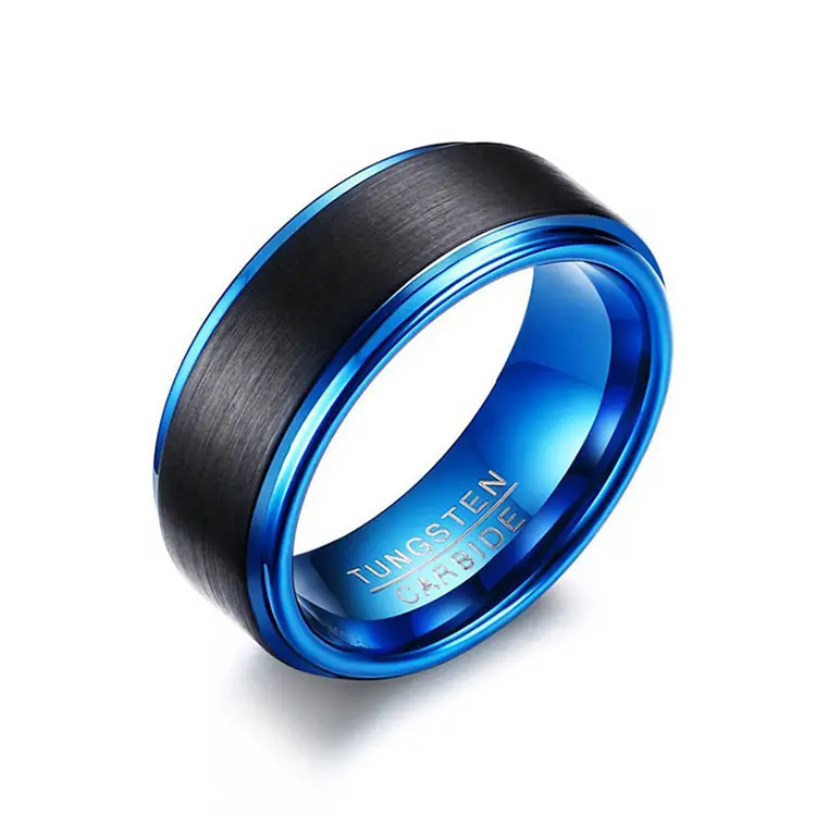 Water Proof Luxury Mens Matte Finish Black And Blue Tungsten Carbide Ring