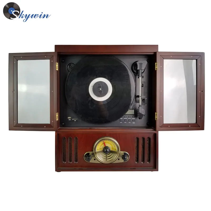 Old Retro Wooden Gramophone Vinyl Record Player Turntable with Cassette CD Player