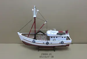 木制虾船模型，白色/红色 45x14 x 37厘米，定制设计蟹船模型, 船用渔船模型