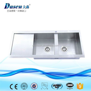 Silver color hand built double bowl drainboard trough sink Foshan factory - Product Image 6