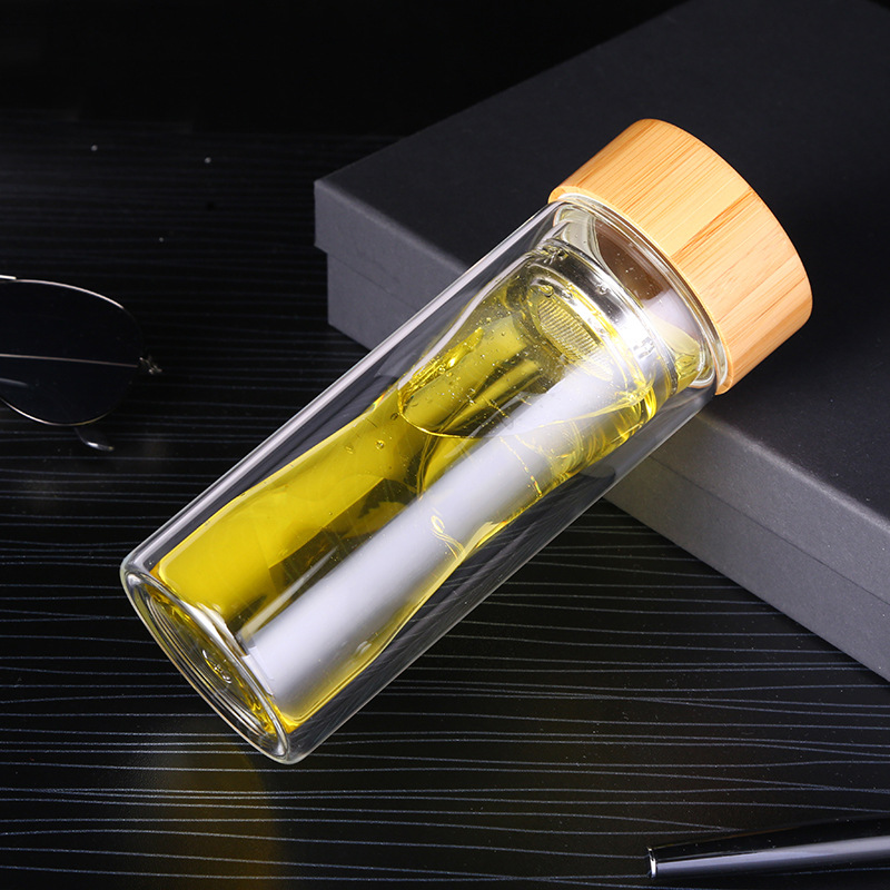 Double Wall Water Bottle with Bamboo Cover, Sport Glass Water Bottle With Filter