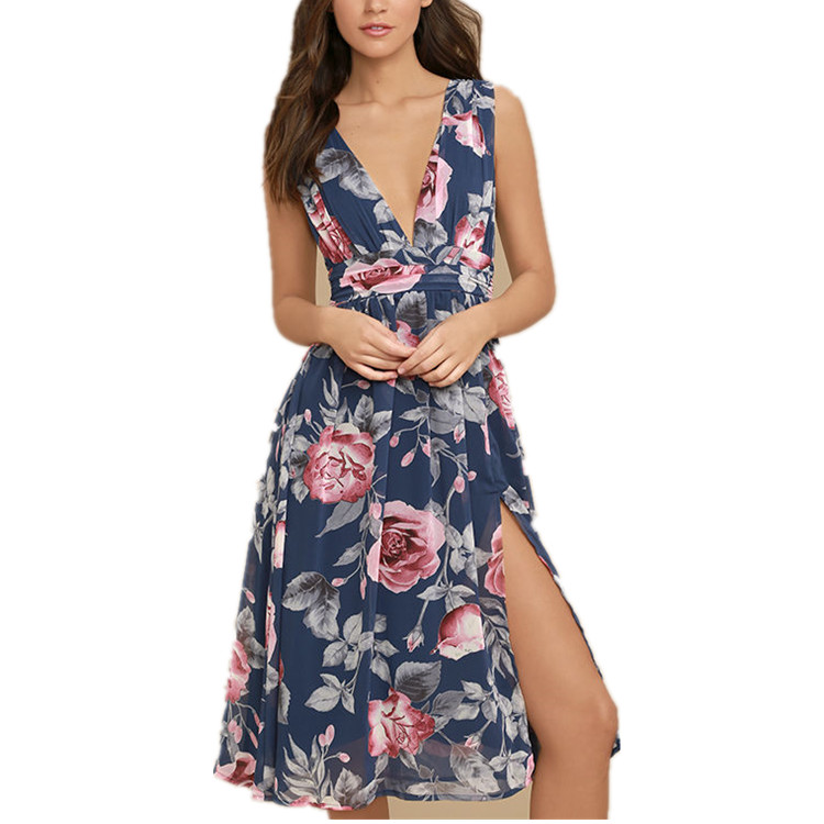 2017 повседневное женское платье миди с цветочным принтом без рукавов
